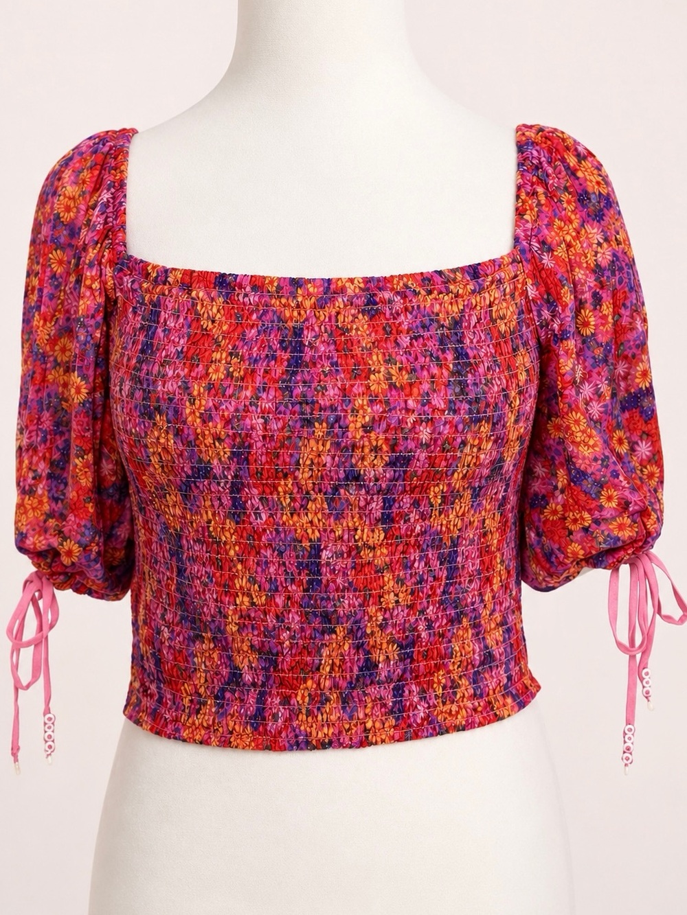 Free People Back On Top Floral Smocked Puff Sleeve Crop Blouse NWT L - Picture 5 of 6